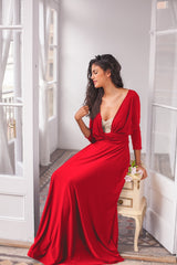 Long red dress, long wrap dress, red 3/4 sleeve gown, red long sleeve maxi dress, convertible wrap dress, red long dress, red ev