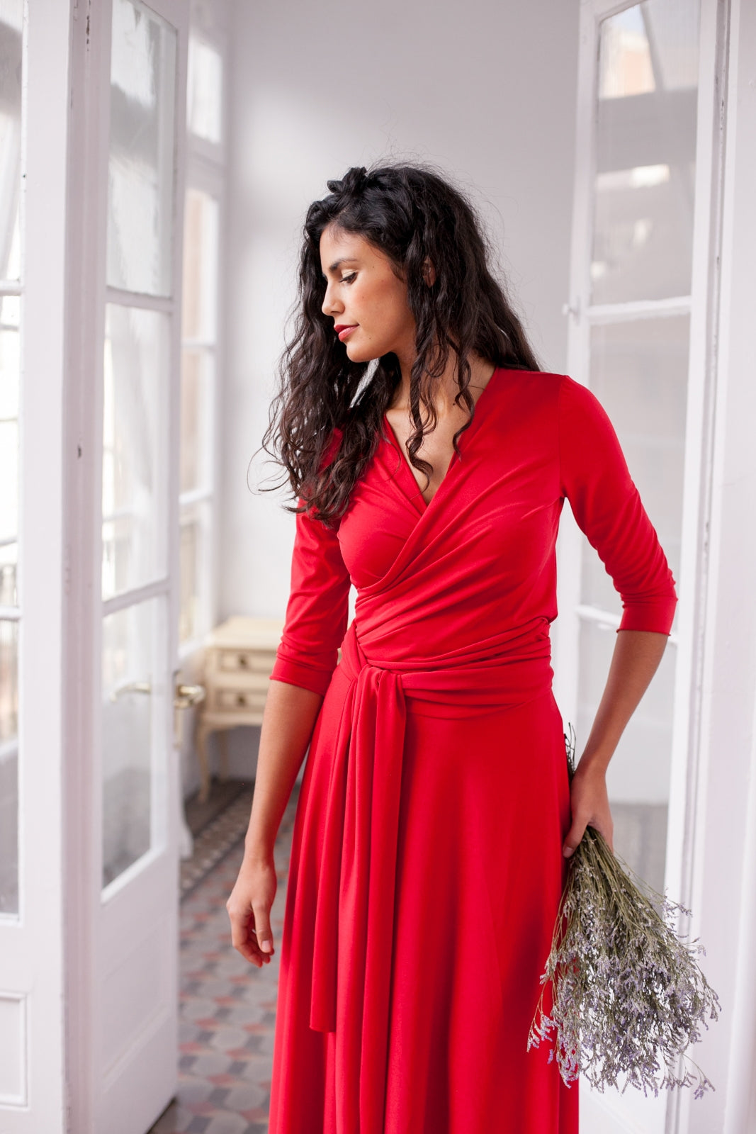 Long red dress, long wrap dress, red 3/4 sleeve gown, red long sleeve maxi dress, convertible wrap dress, red long dress, red ev