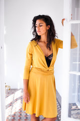 Buttercup bridesmaid dress, mustard wrap dress, long sleeve dress, long sleeve bridesmaid dress, yellow bridesmaid, short brides