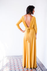 Long sleeve evening dress, mustard maxi dress, long sleeve wrap dress, buttercup bridesmaid dresses, convertible long dress, yel