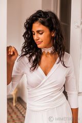 Swiss dot tulle skirt wedding gown with sleeves - Frida Rustic
