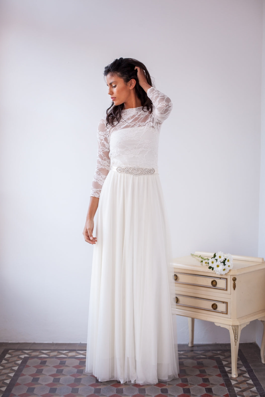 Tulle wedding dress, Two piece tulle dress and crystal sash, Romantic tulle bridal gown, Long tulle skirt, Wedding skirt, Silky