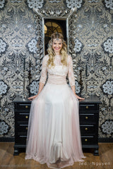 Rose quartz lace wedding dress, tulle and lace wedding dress, tulle dress, long sleeve lace wedding dress, blush pink bridal gow