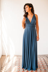 Riverside blue bridesmaid dress, long blue bridesmaid dress, stone blue infinity dress, long stone blue dress, riverside bridema