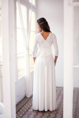 Long sleeved wedding dress, ivory white bridal gown with 3/4 sleeve, white wrap dress, convertible wedding dress, wedding dress