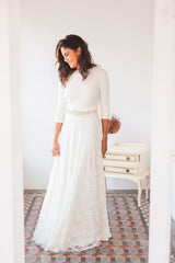 Long sleeved wedding dress, ivory white bridal gown with 3/4 sleeve, white wrap dress, convertible wedding dress, wedding dress