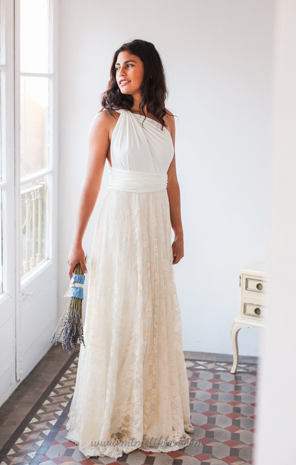Bohemian wedding dress lace, boho wedding dress, casual bridal gown, champagne lace wedding dress, beach wedding, white dress wi