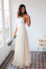 Bohemian wedding dress lace, boho wedding dress, casual bridal gown, champagne lace wedding dress, beach wedding, white dress wi