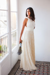 Bohemian wedding dress lace, boho wedding dress, casual bridal gown, champagne lace wedding dress, beach wedding, white dress wi