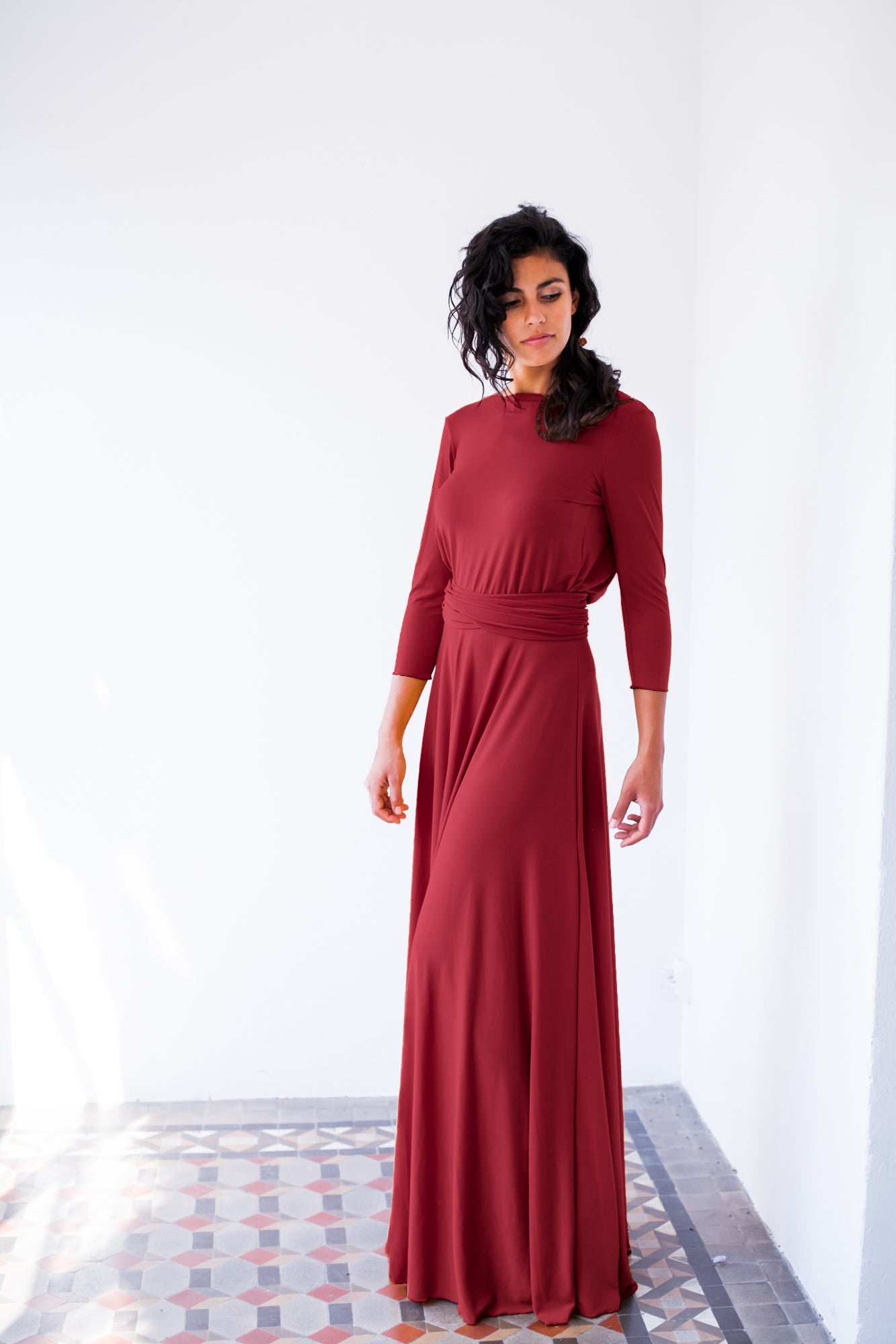 Elegante vestido Rojo manga larga, maxi vestido granate, vestido de manga larga wrap dress, damas de honor borgoña, vestido conv