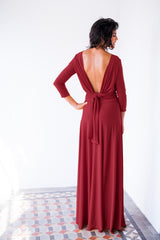 Elegante vestido Rojo manga larga, maxi vestido granate, vestido de manga larga wrap dress, damas de honor borgoña, vestido conv