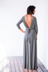 Long sleeve evening dress, grey maxi dress, long sleeve wrap dress, silver grey bridesmaid dresses, convertible long dress grey