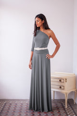 Long sleeve evening dress, grey maxi dress, long sleeve wrap dress, silver grey bridesmaid dresses, convertible long dress grey