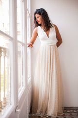 Long beige polka dot tulle skirt - Detachable tulle skirt