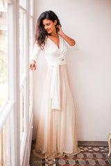 Long beige polka dot tulle skirt - Detachable tulle skirt