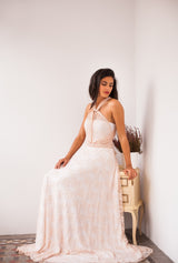Vestido accesorio de encaje rosa cuarzo, gala lace, mimetik bcn