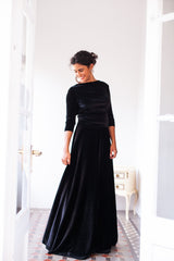 Vestido para invitada largo de terciopelo burdeos con manga - Frida Velvet