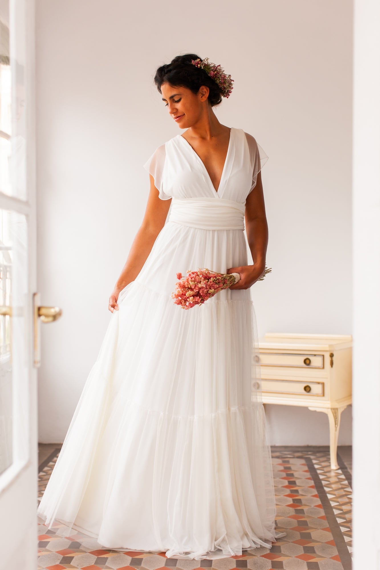 Vestido de novia con falda de tul escalonada para verano - Gala Vintage