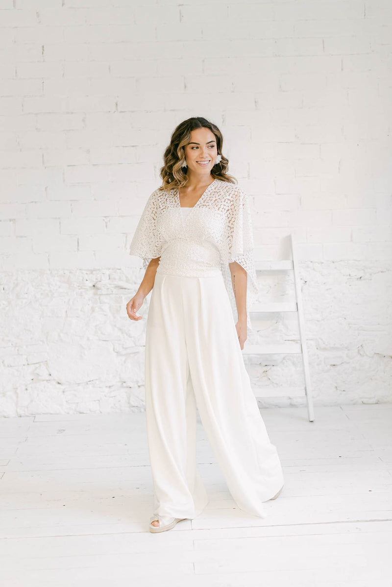 Bridal Trouser Dress with Lace Cape - Mimètik