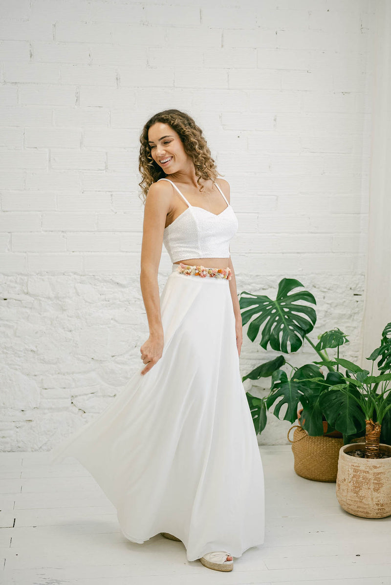 Vestido de Novia Dos Piezas Top Brillante y Falda Amplia – Mimetik