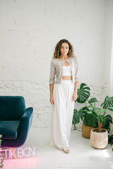 Long Sleeve Micro Sequin Bridal Crop Top