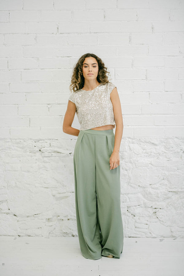 Wide-Leg Olive Green High-Waist Palazzo Pants