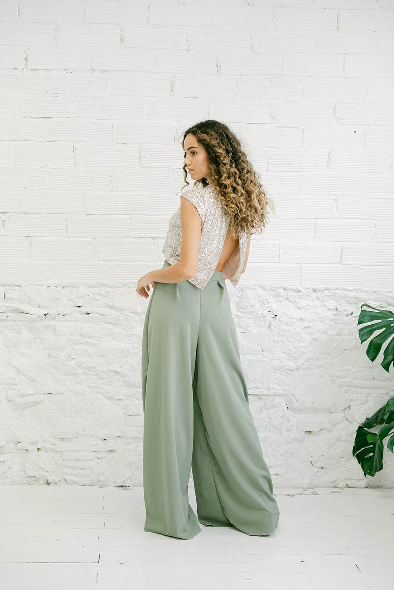 Wide-Leg Olive Green High-Waist Palazzo Pants