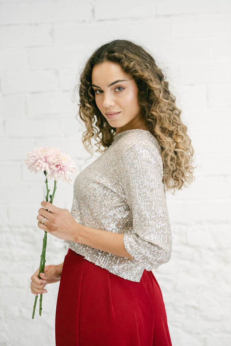 Long Sleeve Micro Sequin Bridal Crop Top