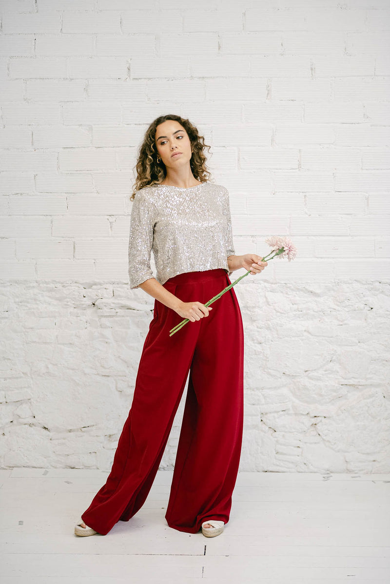 Wide-Leg Burgundy High-Waist Palazzo Pants