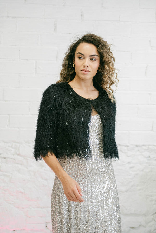 Sequin Wedding Dress with Black Fur Coat