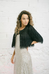 Sequin Wedding Dress with Black Fur Coat