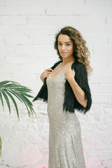 Sequin Wedding Dress with Black Fur Coat