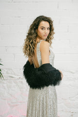 Sequin Wedding Dress with Black Fur Coat