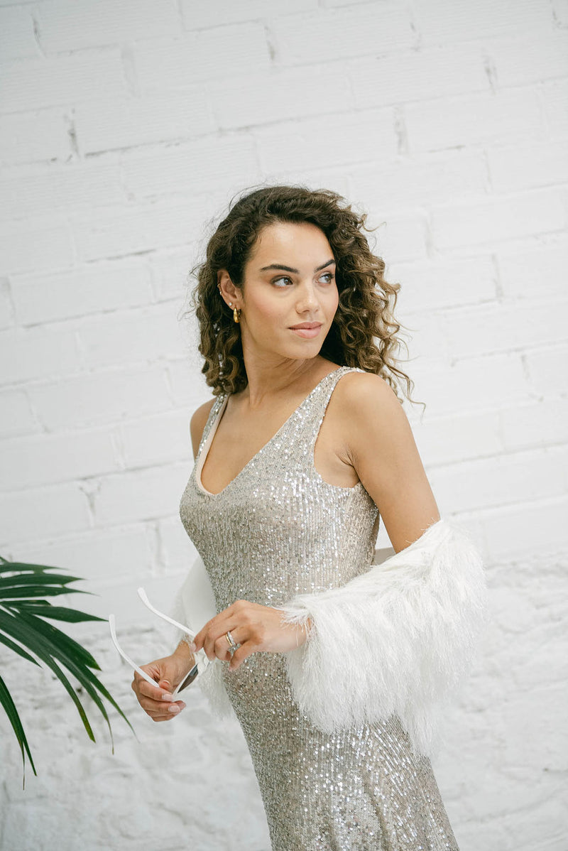Sequin Wedding Dress with White Fur Coat Mimetik Sequin Wedding Dress with White Fur Coat Mimetik