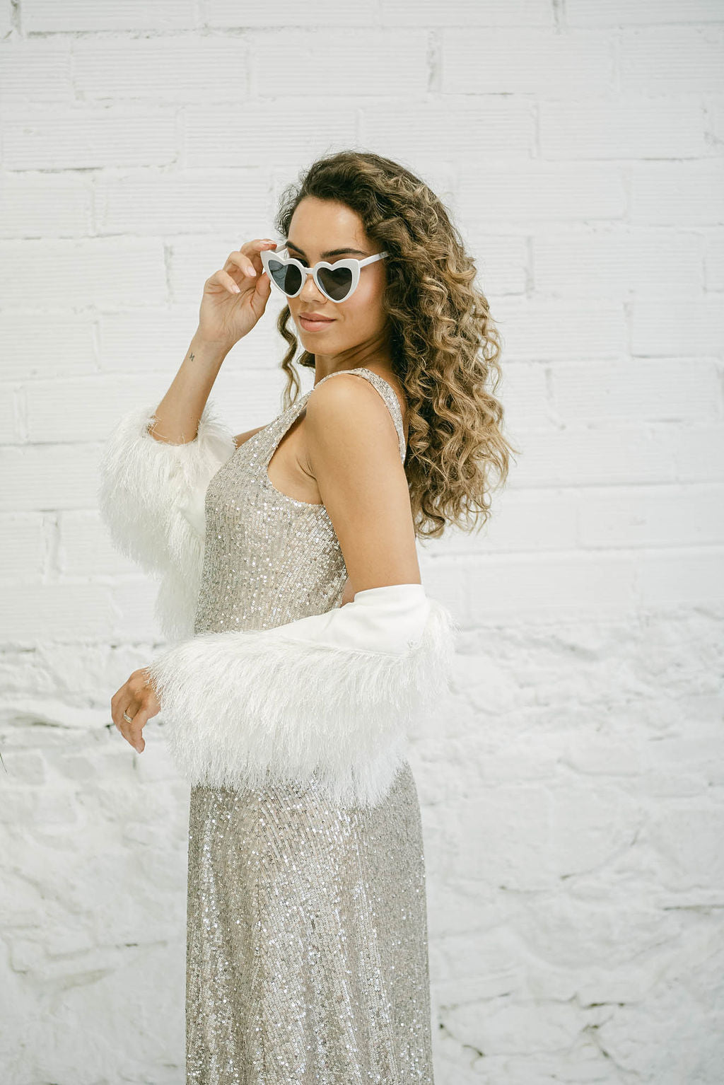 Sequin Wedding Dress with White Fur Coat