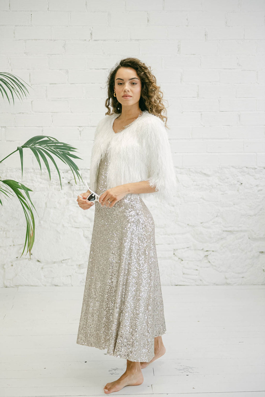 Sequin Wedding Dress with White Fur Coat