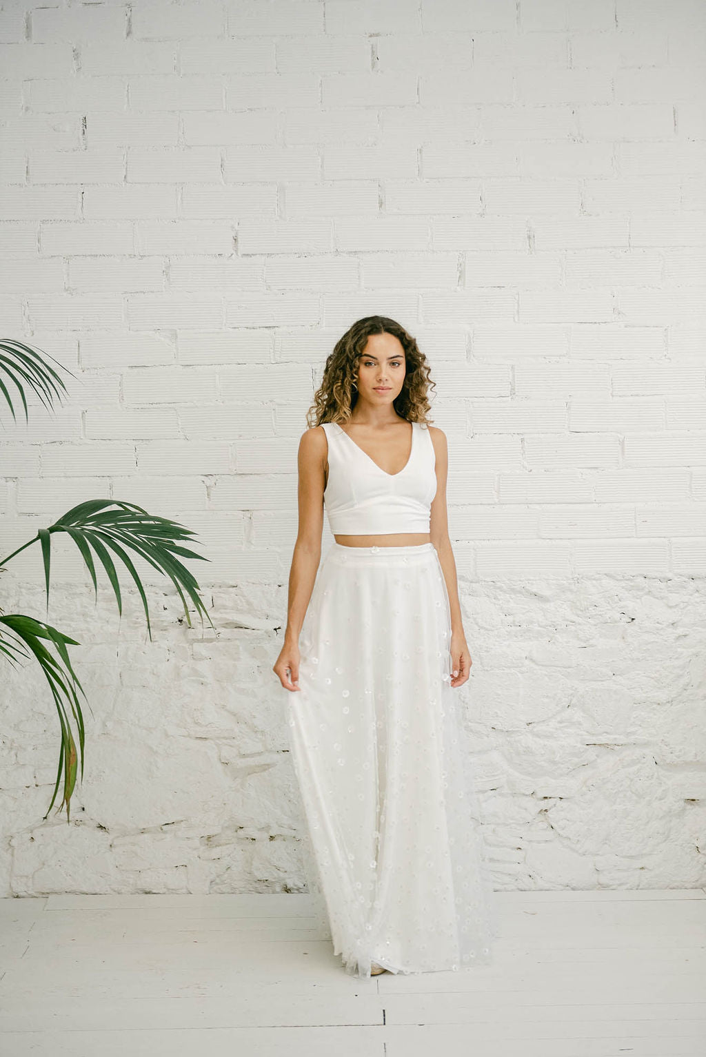 Wedding Dress with Short Top, Skirt, and Tulle Overlay
