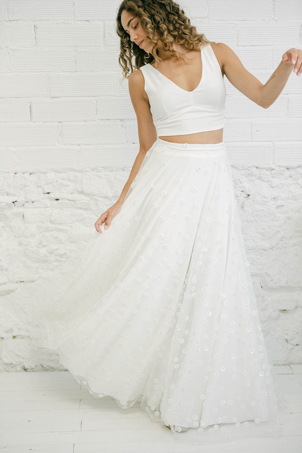 Wedding Dress with Short Top, Skirt, and Tulle Overlay