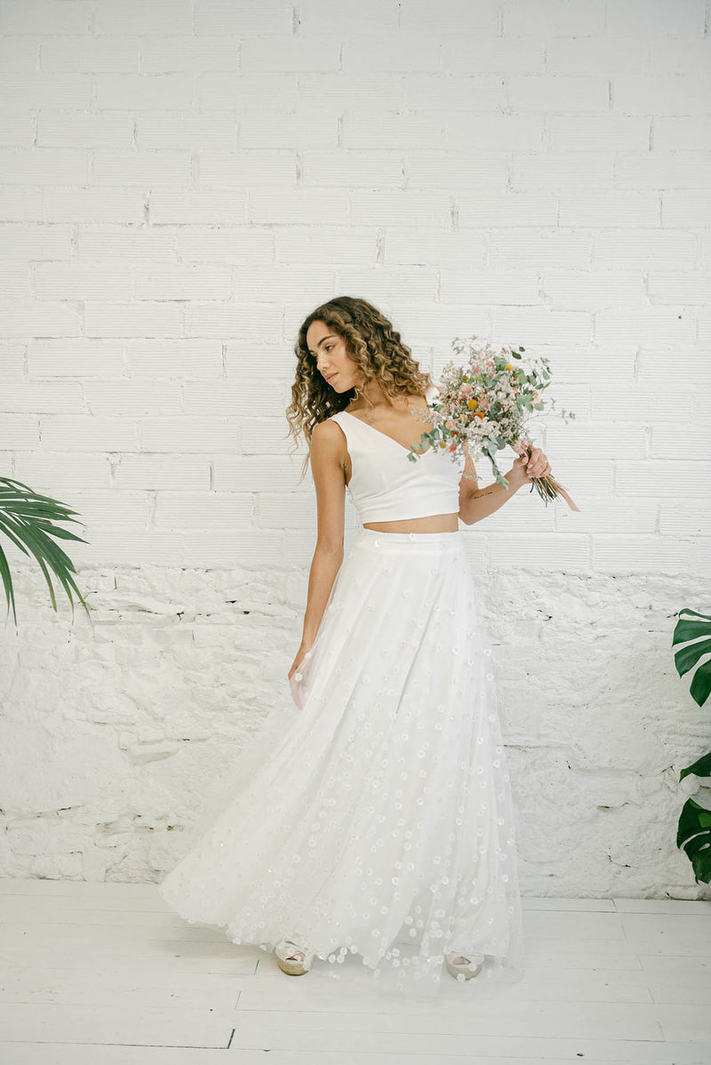 Vestido de Novia con Top Corto, Falda y Sobrefalda de Tul