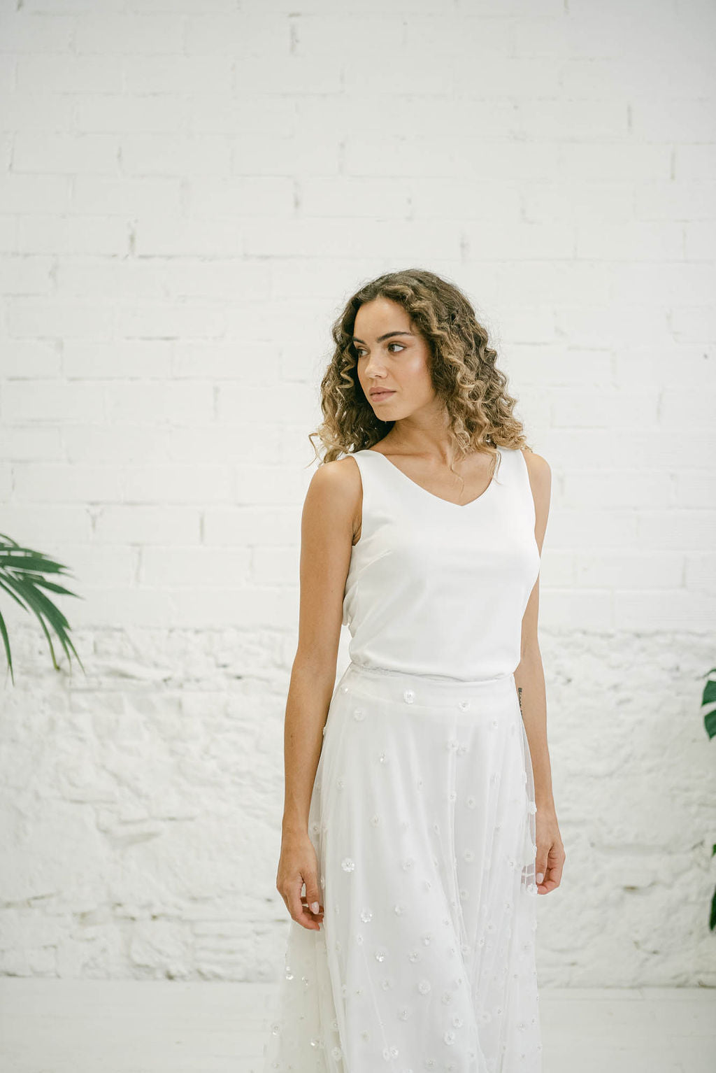 Two-Piece Wedding Dress - Simple Top, Voluminous Skirt, and Flower Tulle Overlay