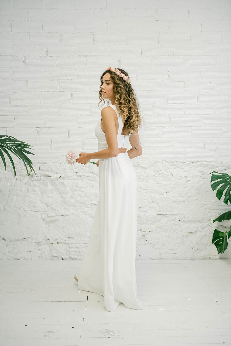 Simple Wedding Dress with Short Top and Flowy Skirt