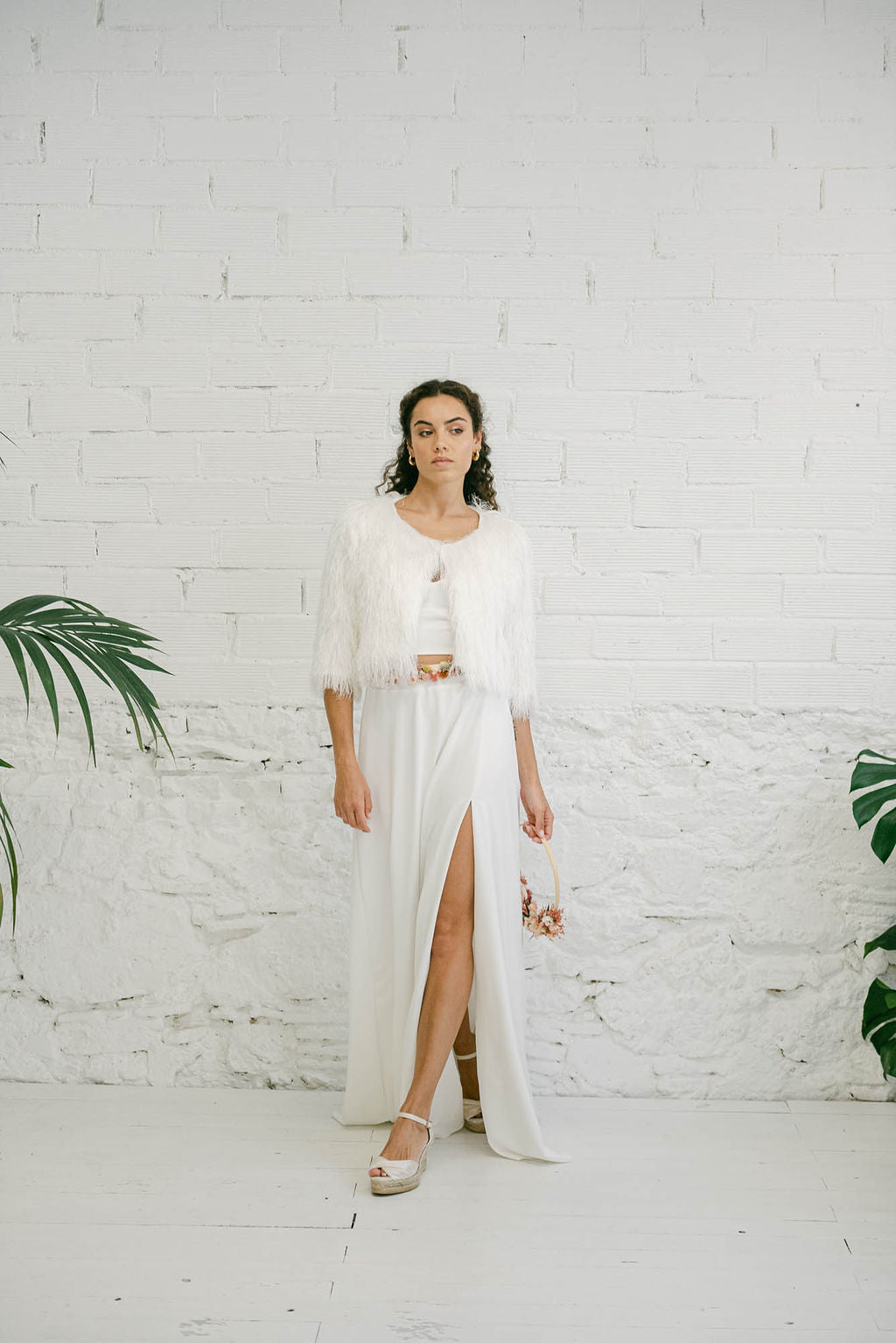 Two-Piece Wedding Dress with White Fur Coat - Simple Top and Skirt with Side Slit