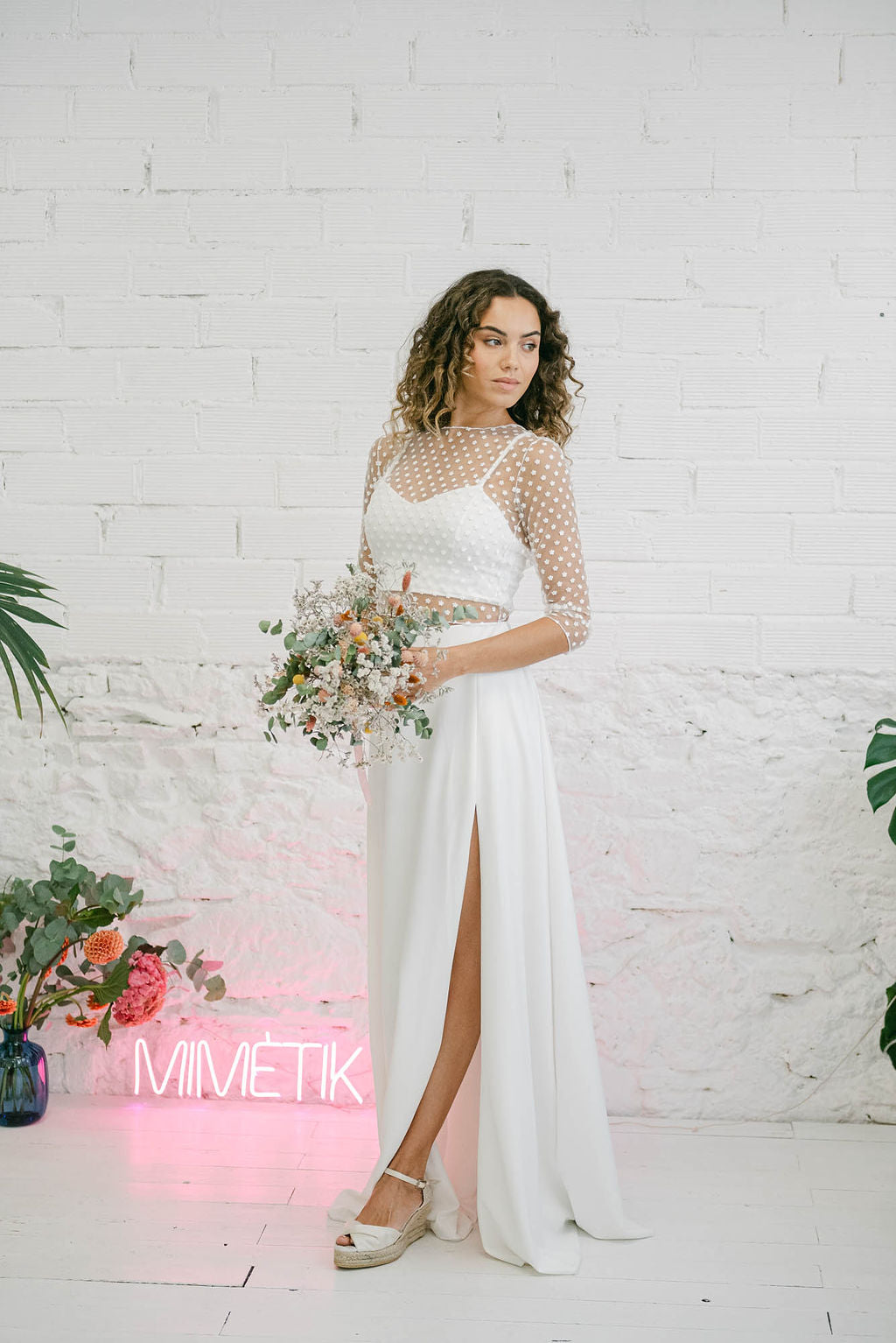 Wedding Dress with Top, Split Skirt, and Long Sleeve Tulle Bolero