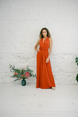 Multi-Position Jumpsuit for Wedding Guest with Long Terracotta Trousers