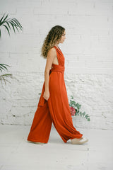 Multi-Position Jumpsuit for Wedding Guest with Long Terracotta Trousers