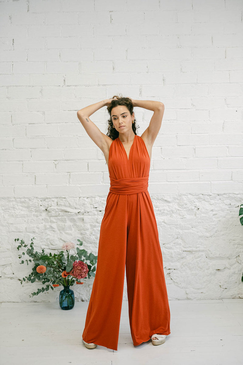 Multi-Position Jumpsuit for Wedding Guest with Long Terracotta Trousers