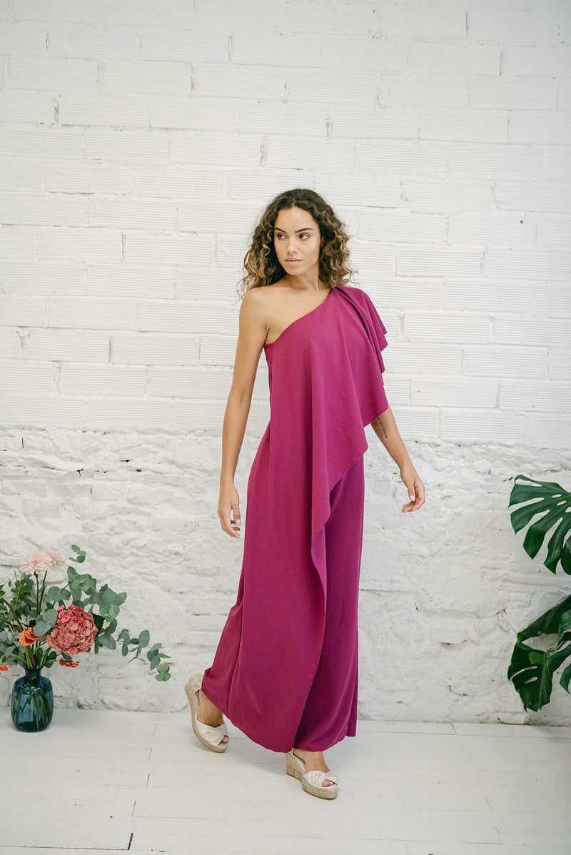 Jumpsuit for Wedding Guest with Asymmetric Long Fuchsia Pants