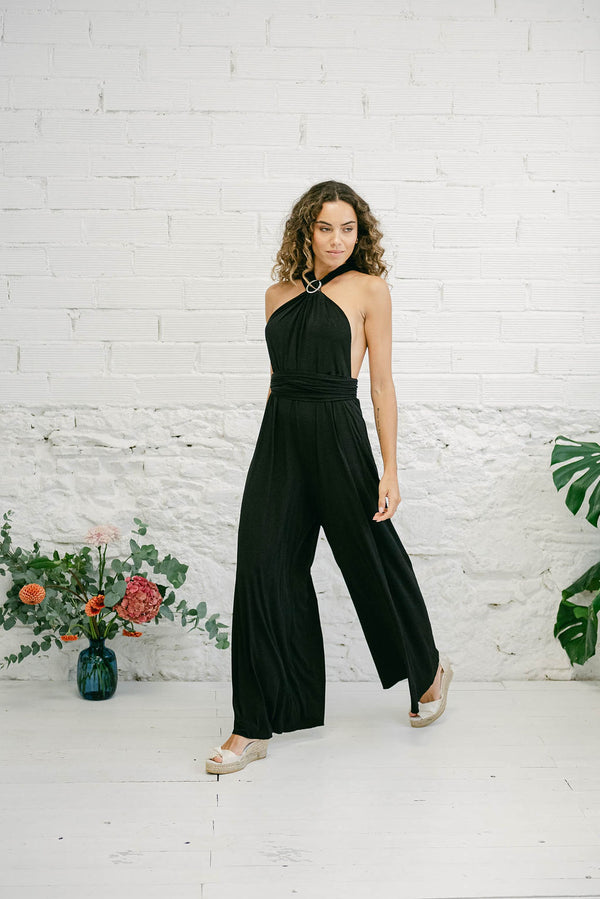 Multi-Position Jumpsuit for Wedding Guests in Black with Long Trousers