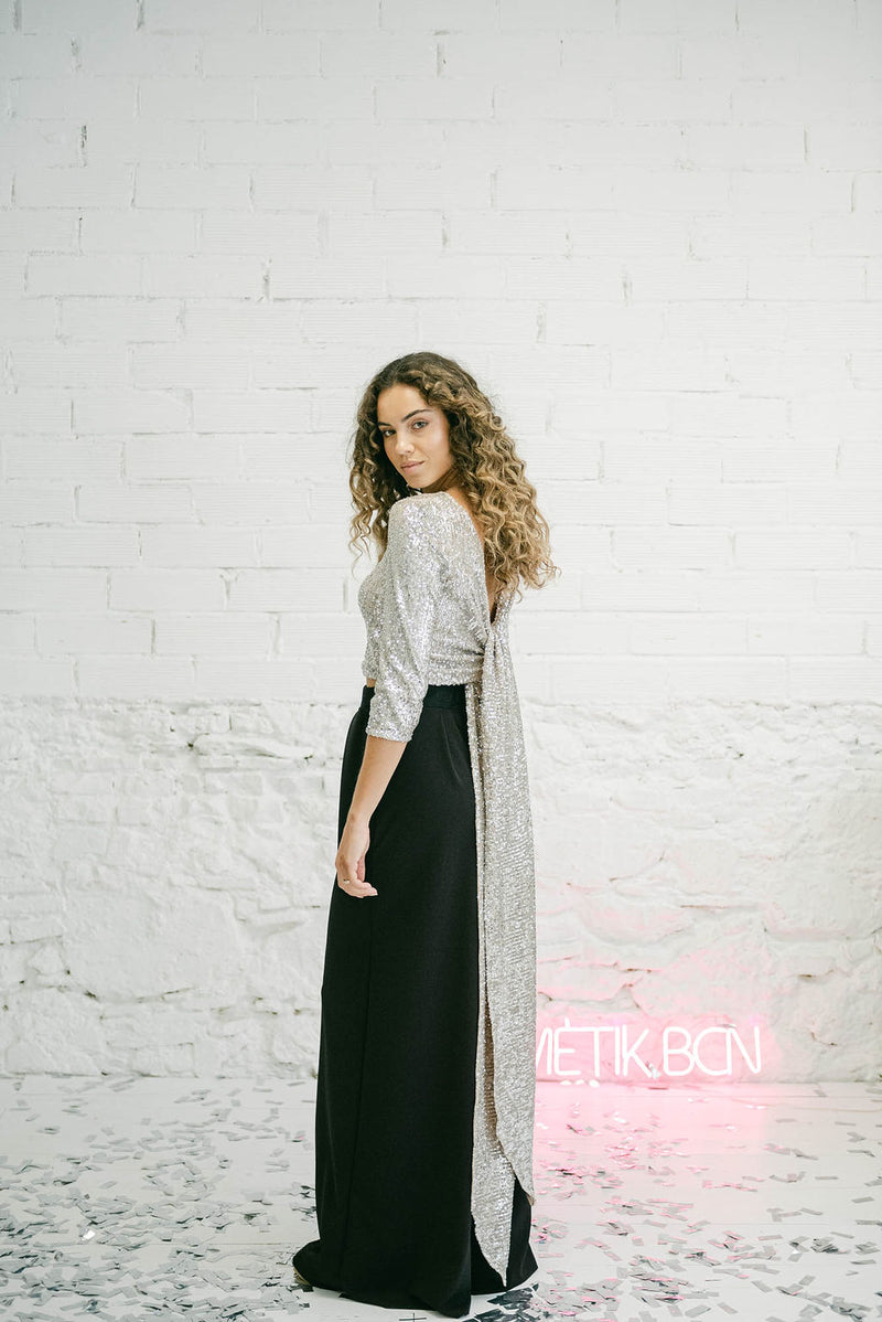 Two-Piece Wedding Guest Dress - Sequined Multi-Position Top and Long Black Trousers