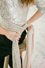 Two-Piece Wedding Guest Dress - Sequined Multi-Position Top and Long Black Trousers